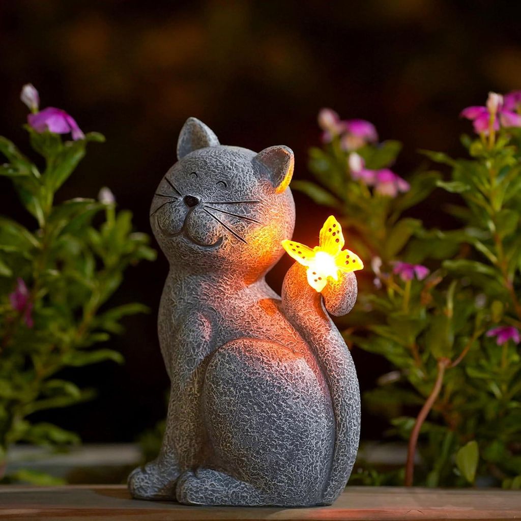 Solarleuchte Garten, Katzenstatuen Solarlampen für Außen Gartendeko, Katze Deko mit Schmetterlingsabdruck für Gartenkunst, eranda, Terrasse, Balkon