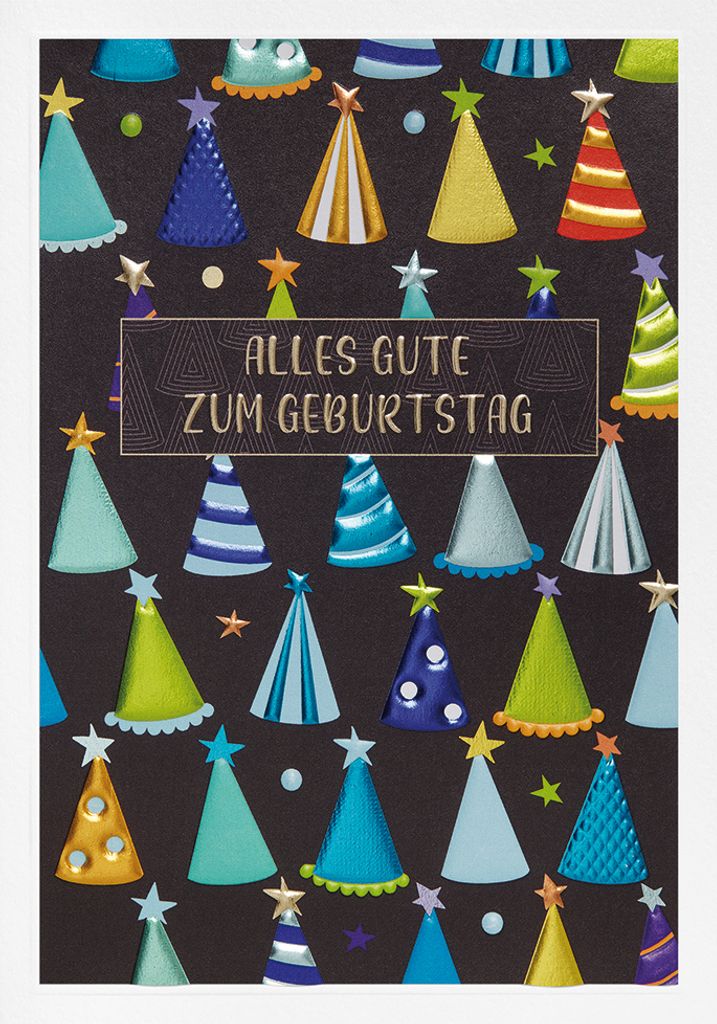 Geburtstag Prisma Collection unverpackte Glückwunschkarte mit Briefumschlag verschiedene Partyhüte Blindprägung