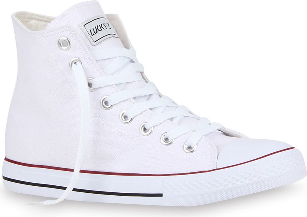 Mytrendshoe Herren High Top Sneakers Schnürer Sportschuhe 72046, Farbe: Weiß Rotstreifen Lucky, Größe: 37