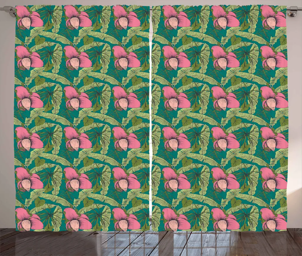 Tenda Soggiorno Tropicale Rustica 280x175 | ABAKUHAUS Verde e Rosa