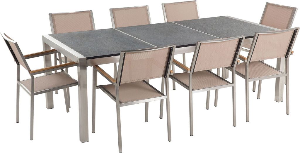 BELIANI Gartenmöbel Set Schwarz Beige Granit Edelstahl Tisch 220 cm Geflammt 8 Stühle Terrasse Outdoor Modern