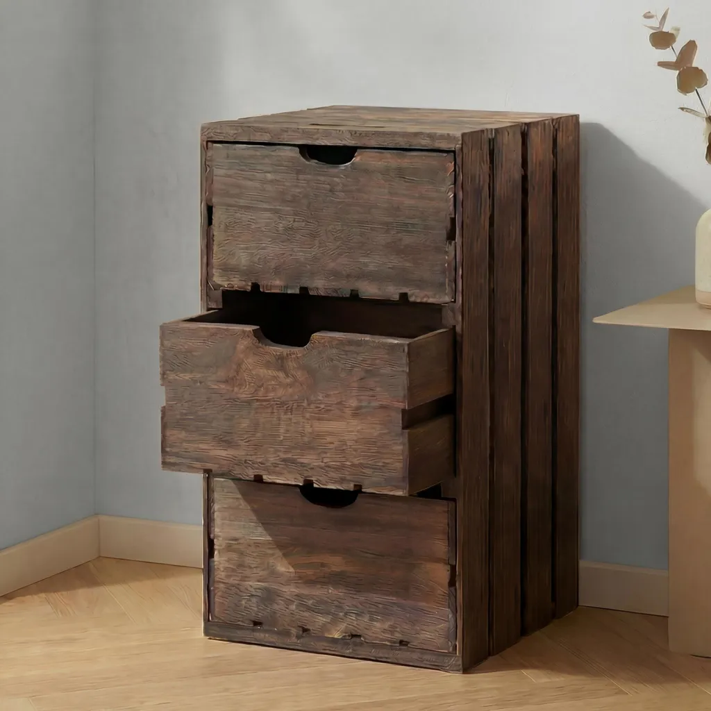 Commode vintage en bois shabby marron avec 3 tiroirs de 53x32x26 cm