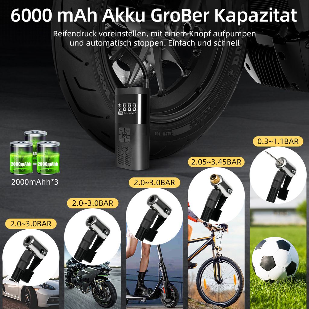 Elektrische Luftpumpe mit 6000mAh Akku, 150PSI Tragbar Produktbild 3