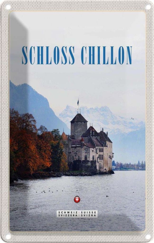 vianmo Blechschild 30x20 cm Ausblick auf Schloss Chillon Genfersee Bildmotiv Reisemotiv Abenteuer Reisen Urlaub