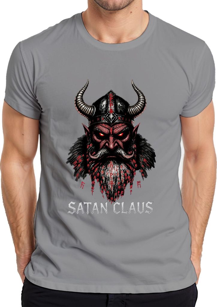 Satan Claus Teufel Wikinger Hörner Bart Runen Weihnachten Gothic Herren T-Shirt, Grau, M