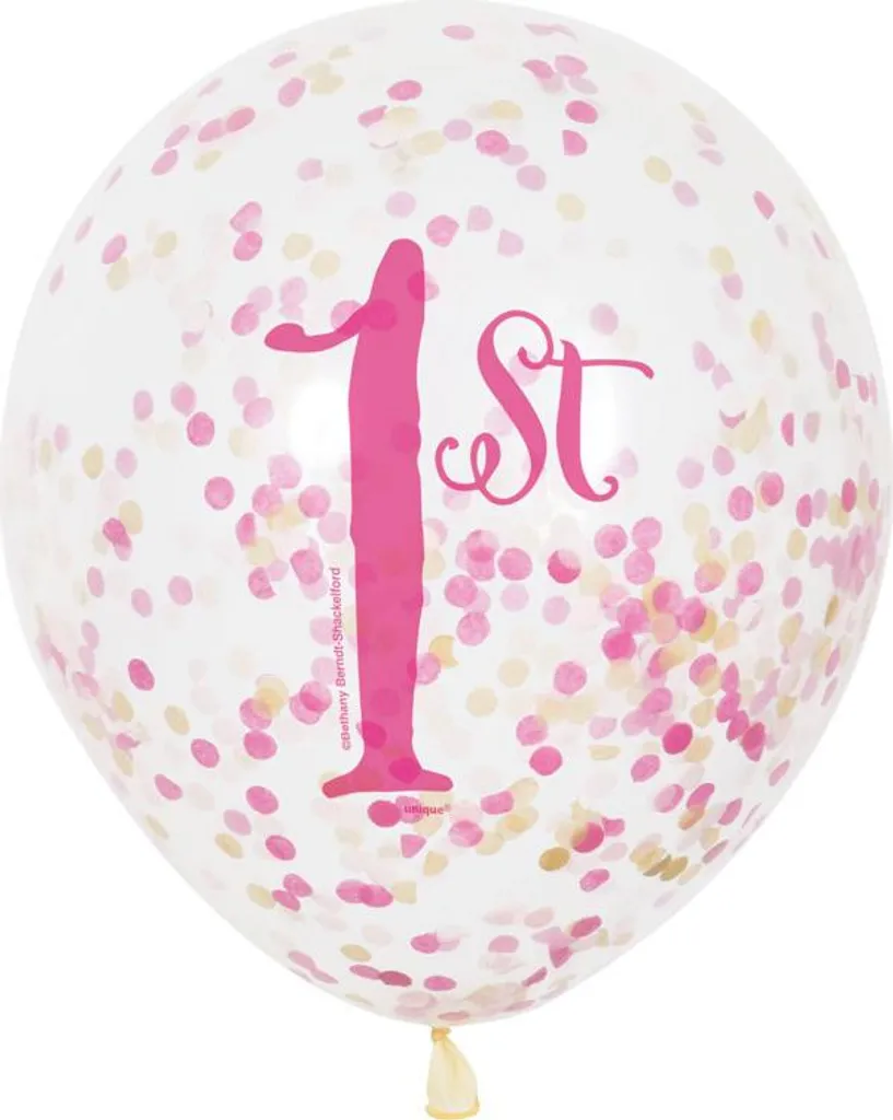 Ballon 1st Birthday rose 30cm avec confettis - Kit de 6 en latex pro