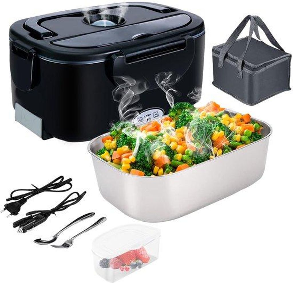 4-in-1-Mehrfach-Becher 12/24/230V, 1,5L, 60W, Edelstahl, Auto-, LKW- und Büropackung mit Thermos, Gabel und Löffel, inklusive Isolierertasche.