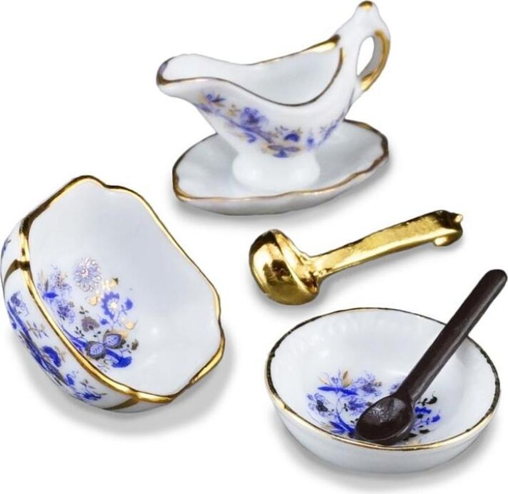 Soßengießer & Schüsseln Zwiebel Gold Miniatur Porzellan Set