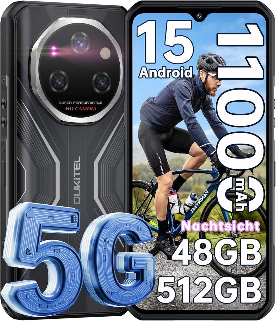 A smartphone is shown next to a cyclist, with various specifications overlaid on the image.