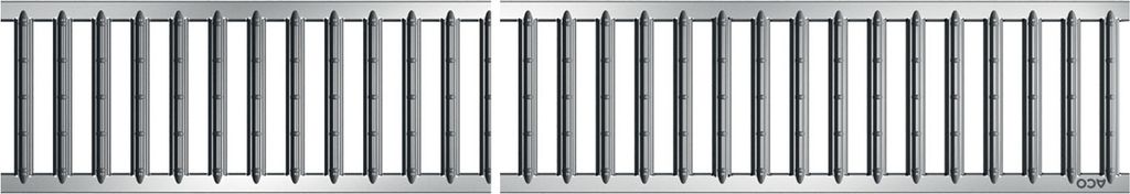 A close-up, straight-on view of a metal grate or drain cover, divided into two sections.