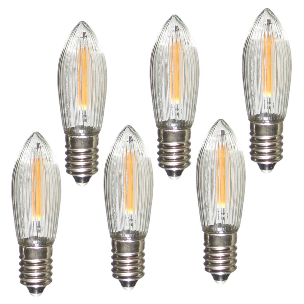 A group of six LED filament light bulbs arranged in a grid on a white background.