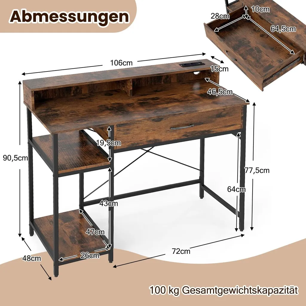 Bureau d'ordinateur avec prises intégrées et tiroir marron rustique
