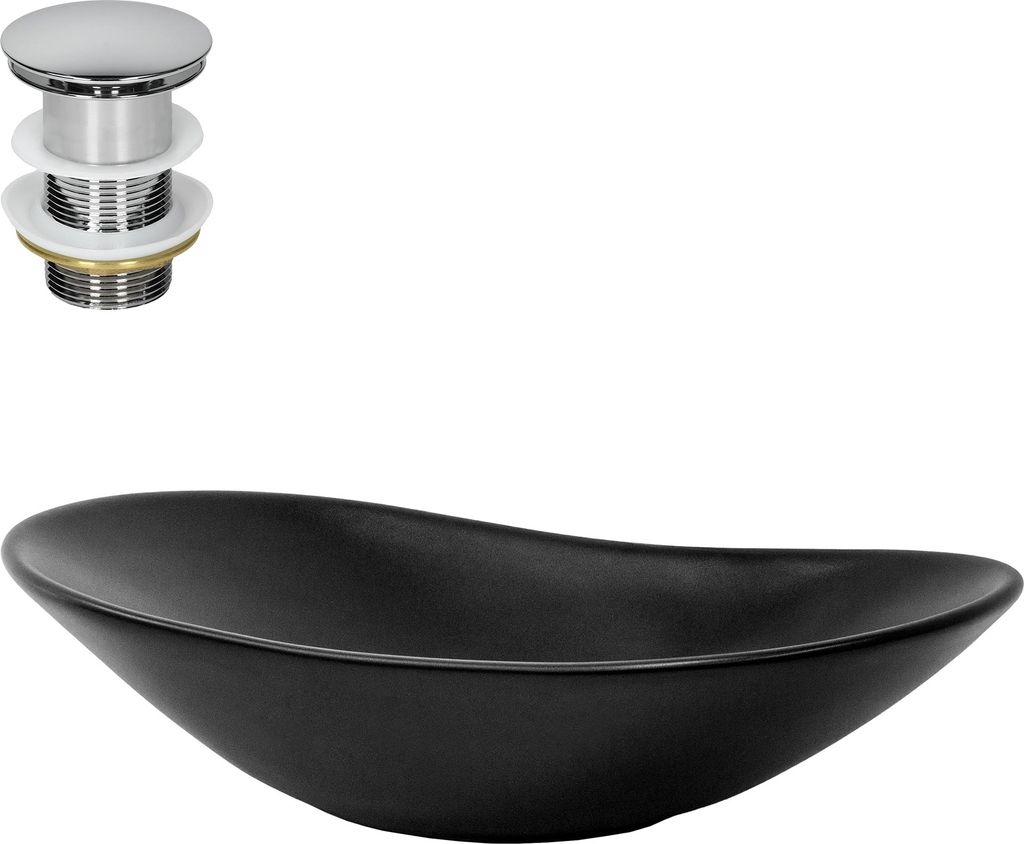 LuxeBath Waschbecken Aufsatzwaschbecken Oval, 63x36x15,5 cm, Schwarz, aus Keramik, inkl. Ablaufgarnitur ohne Überlauf