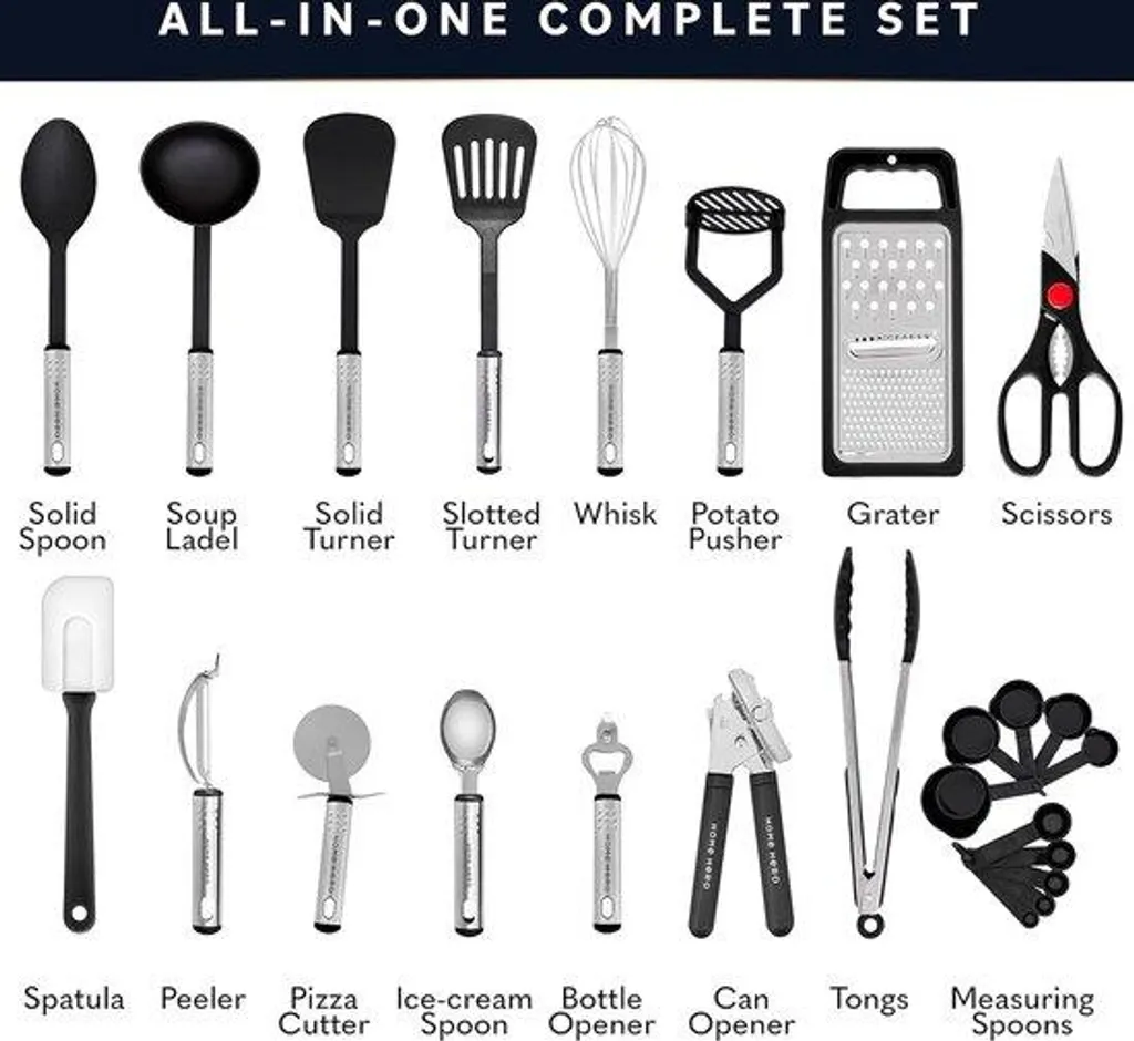 Set de 25 ustensiles de cuisine en nylon noir et acier inoxydable Pro