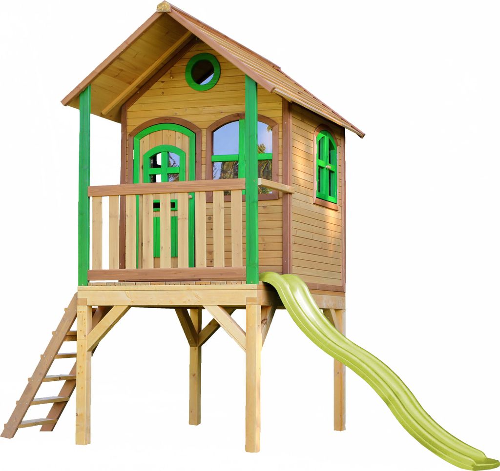 AXI Spielhaus Laura mit hellgrüner Rutsche | Stelzenhaus in Braun & Grün aus Holz für Kinder | Spielturm mit Wellenrutsche für den Garten