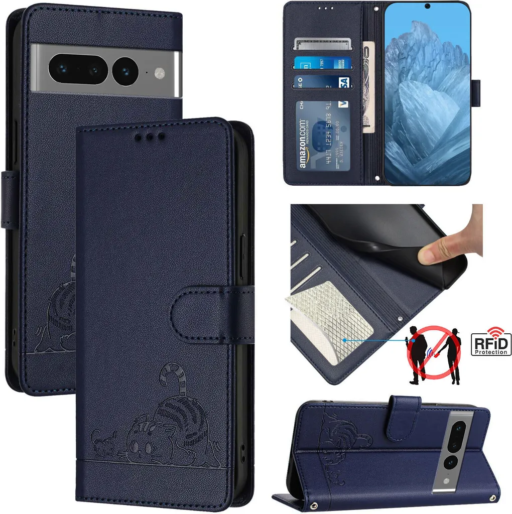 Custodia Google Pixel 7 Pro Gatto Blu: Portafoglio in Pelle e Stand