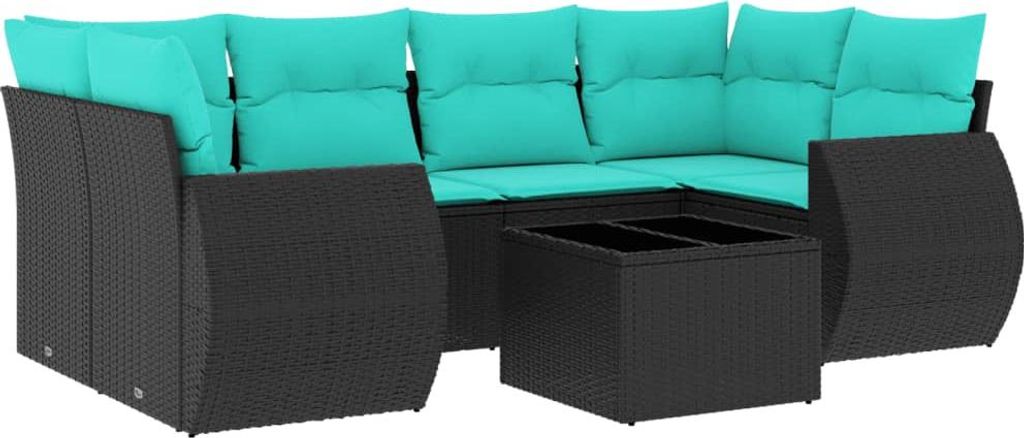 vidaXL 7-teiliges Gartensofa-Set mit Kissen, schwarzes Polyrattan
