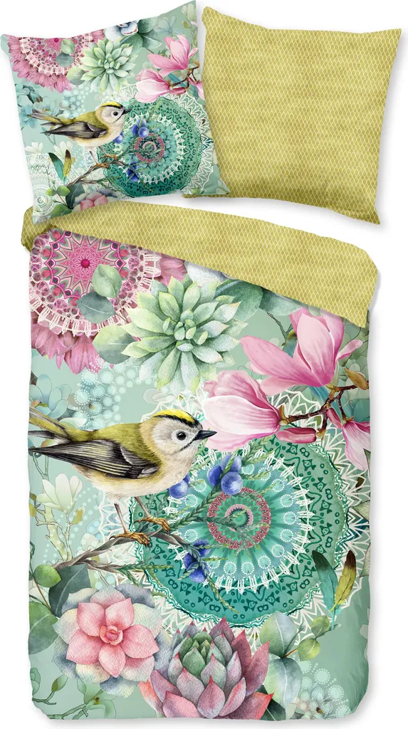 Copripiumino 155x220 HIP Satin Cotone - Mandala e Uccelli Verde