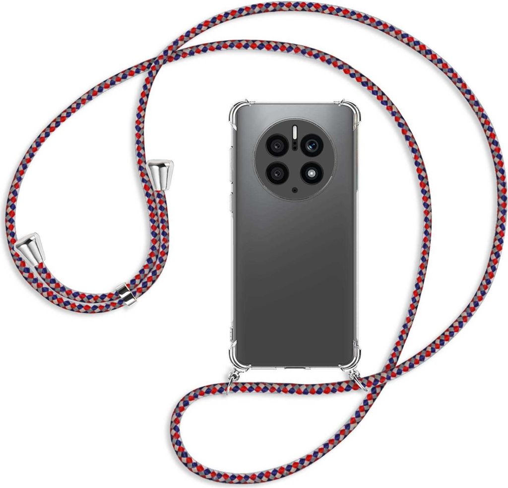 Handykette Backcover-Schutzhülle mit Band (Metall silberfarben) für Huawei Mate 50 Pro (DCO-AL00,LX9) - silber/blau/rot