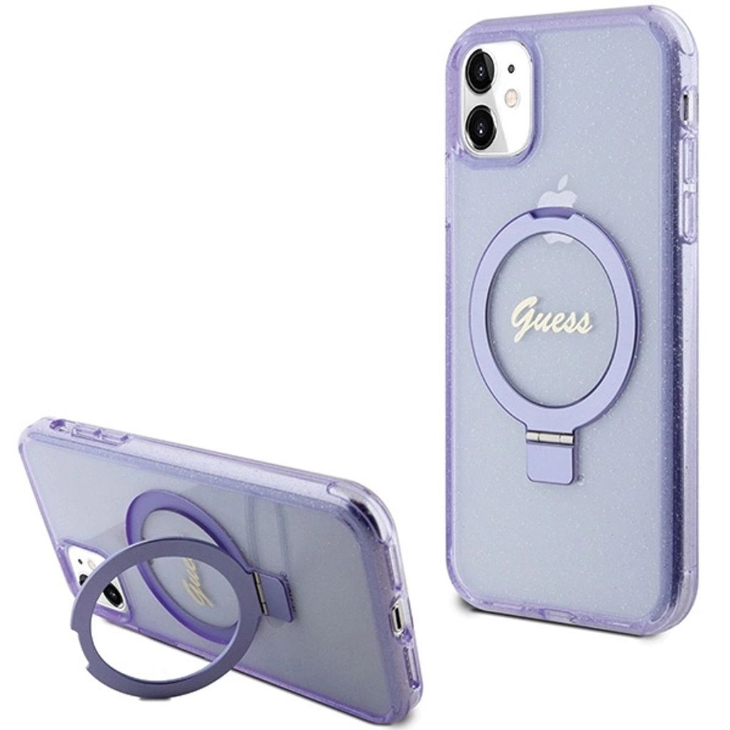 Guess Ring Stand Script Glitter MagSafe-Hülle für iPhone 11 / Xr Lila Handyhülle