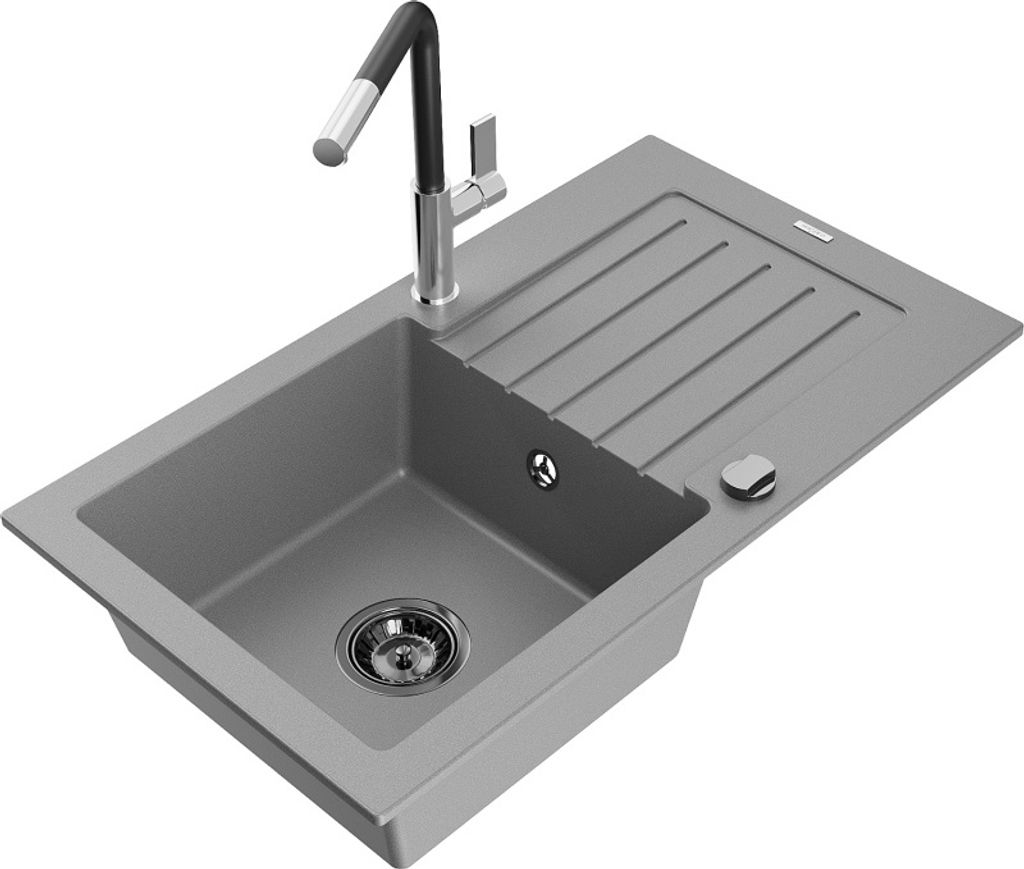 Mexen Pablo 1 Becken-Granitspüle mit Abtropffläche und Mischbatterie Flora, Grau - 6510-71-670401-07-B