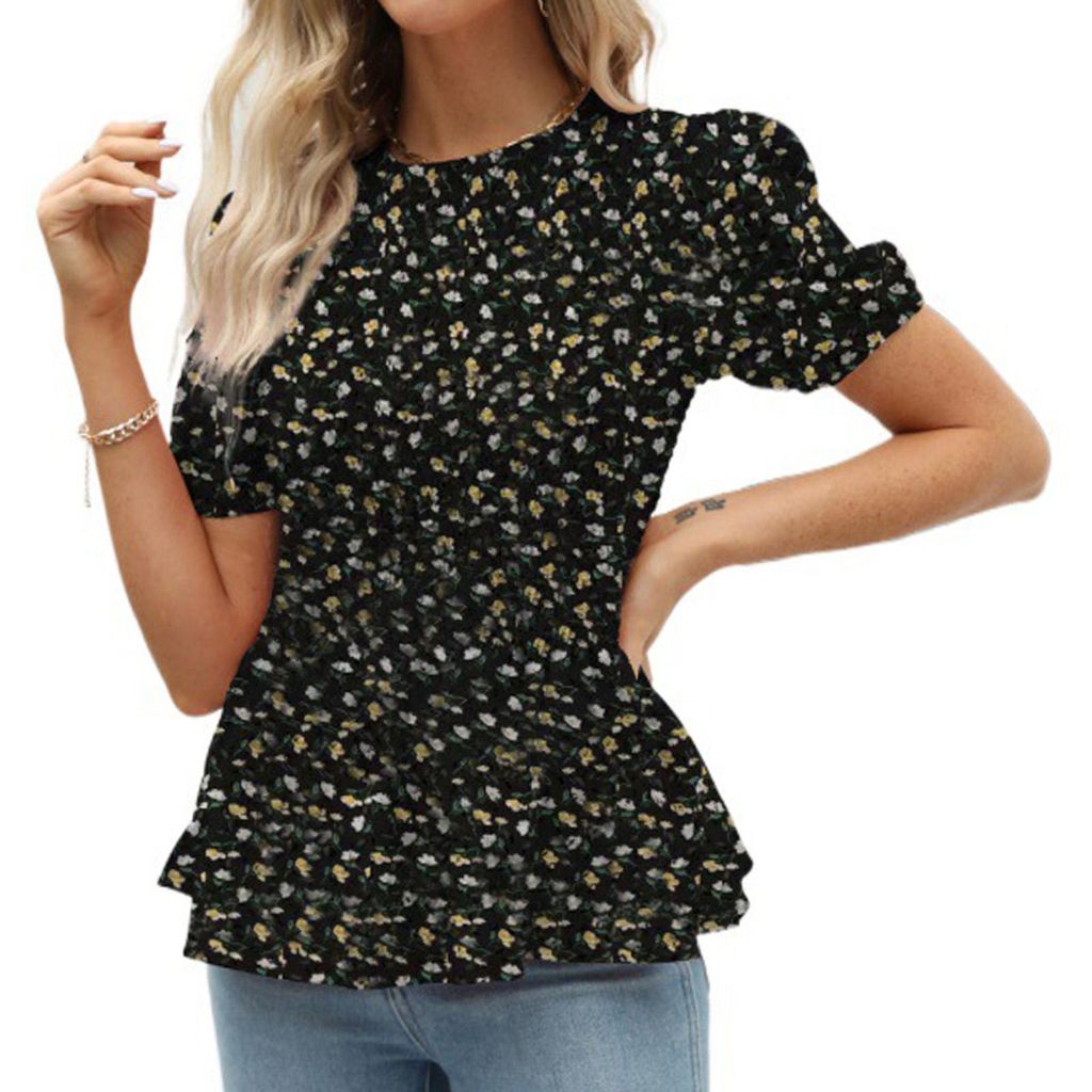 Schwarzes Damen-Top in Größe M mit elastischem Bund, gerafftem Saum, Blumenmuster, Rundhalsausschnitt, kurzen Puffärmeln und Rüschensaum – So...
