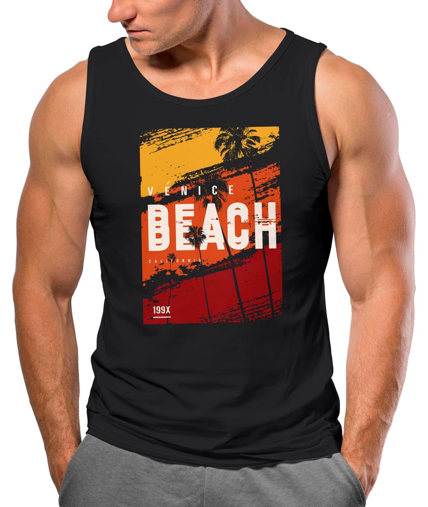 Herren Tank-Top Sommer Venice Beach Surfing Motiv Aufdruck Strand Palmen Fashion Muskelshirt Neverless schwarz M
