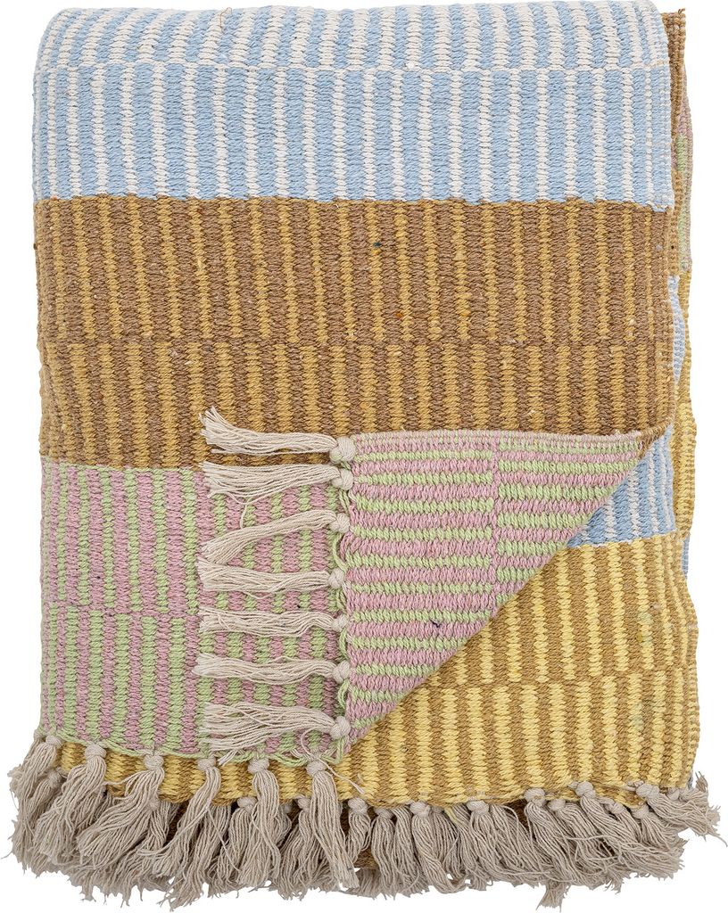 A folded blanket with horizontal stripes in various colors and a fringe detail.