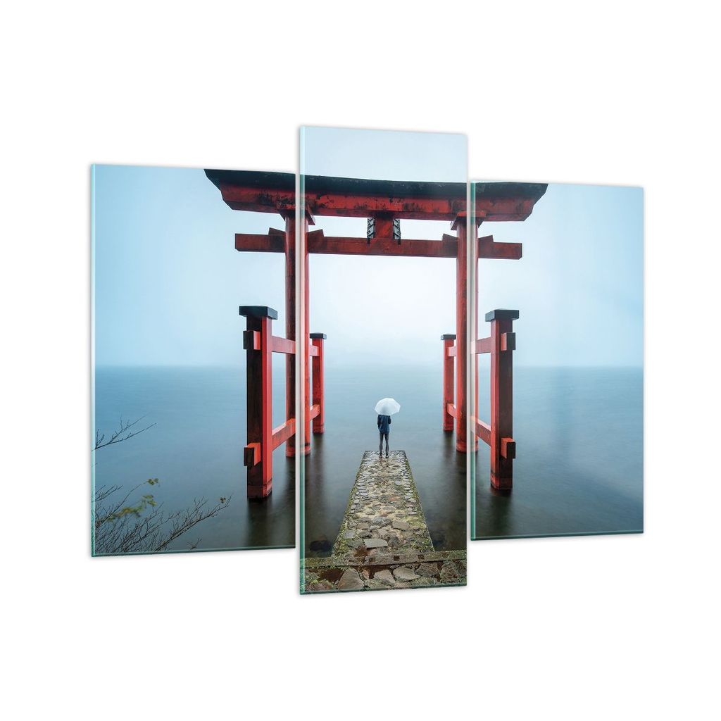 Bilder auf glas - 3 Teile - Itsukushima-Jinja Tempel Regenschirm - 130x100cm - Glasbilder - Wandbilder - Bilder - Wanddekoration aus Glas - Glas Bi...