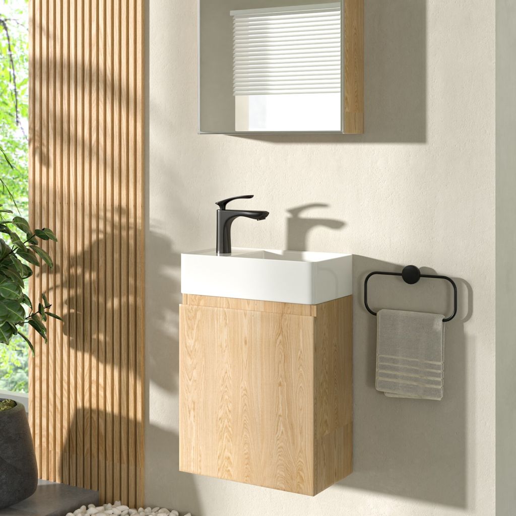 Gäste-WC Waschbecken mit Unterschrank – 46 cm breites Badmöbelset, Keramik Waschtisch in Eiche-Farbe, Soft-Close, Waschbecken für linke Hand
