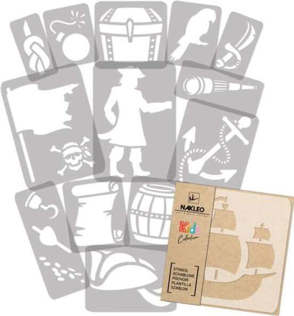 Schablonen Malen für Kinder, 14 Stück Set 9x12 bis 23x34 cm Piraten Meer, Wiederverwendbare Kunststoff für Kinderzimmer Malvorlage Raumdekoration