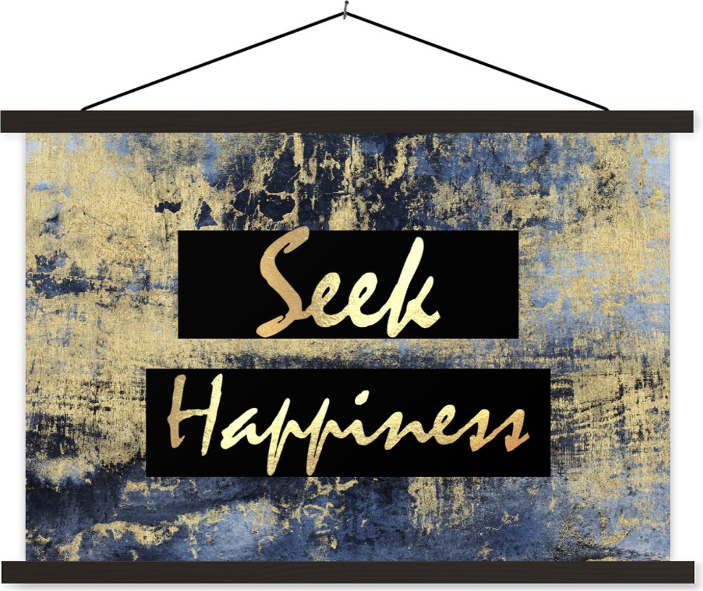 MuchoWow Textilposter Zitat - Glück - Gold - Blau 60x40 cm mit schwarzem Rahmen - Hölzernes
