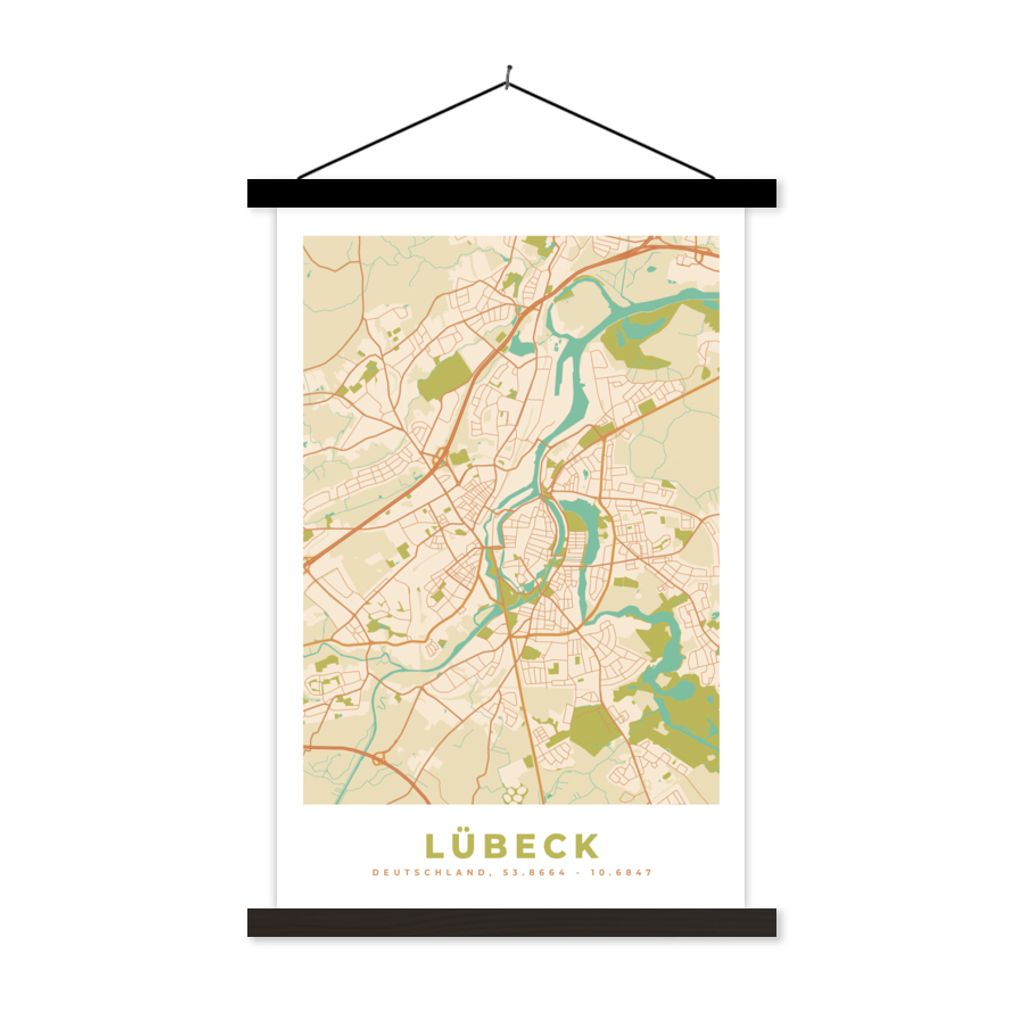 MuchoWow Textilposter Lübeck - Karte - Vintage - Stadtplan 40x60 cm mit schwarzem Rahmen - Wanddekorationen