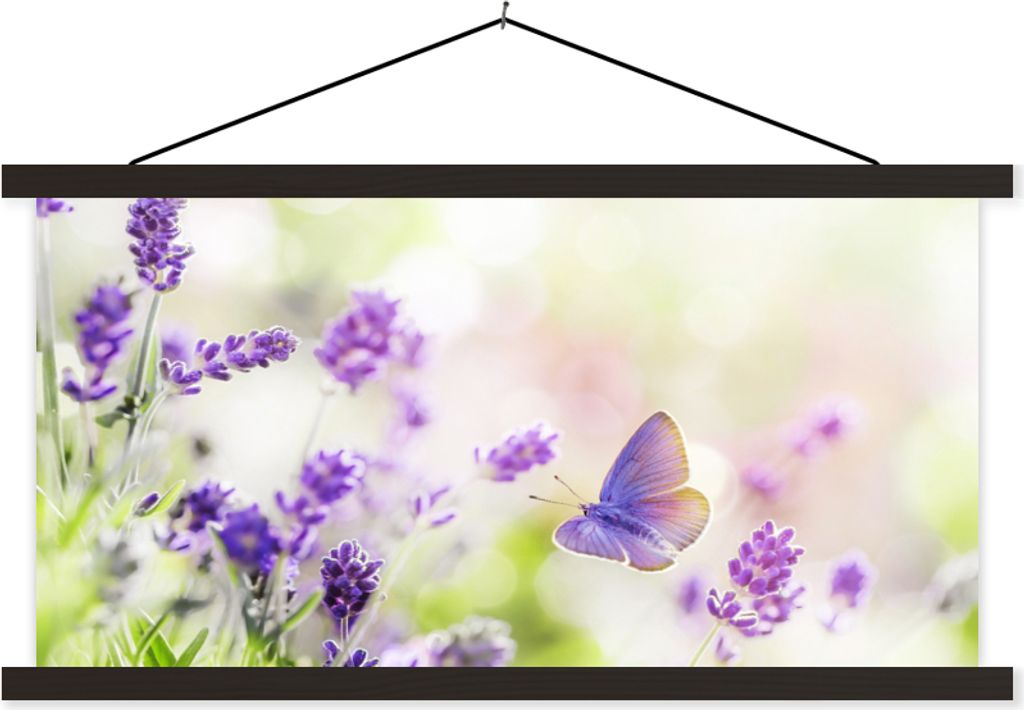 MuchoWow Textilposter Lavendel - Schmetterling - Blumen - Natur 150x75 cm mit schwarzem Rahmen - Posterleiste
