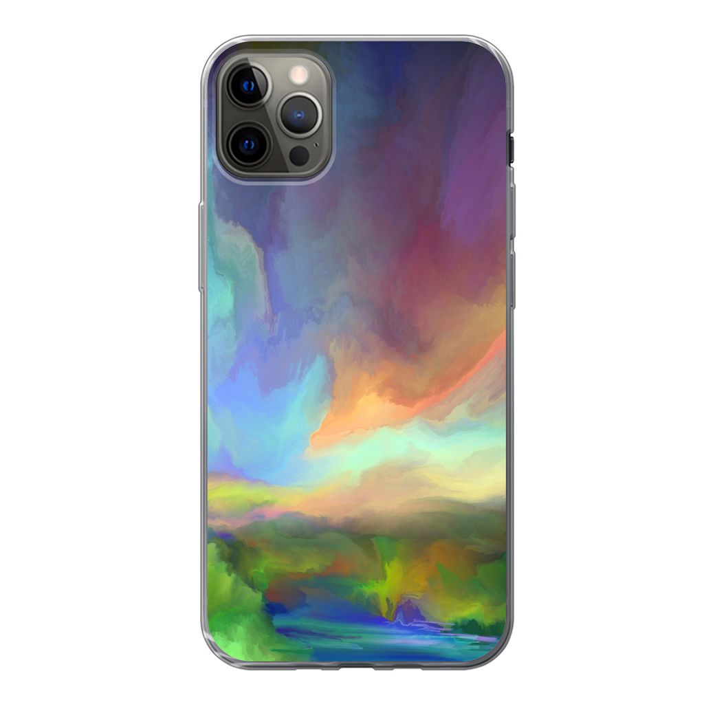 MuchoWow Handyhülle Schutzhülle Hülle für iPhone 12 Pro Max Landschaft - Aquarell - Himmel Silikon Softcase Handy Hülle - Hartschale