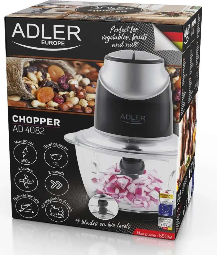Hachoir Électrique pour Légumes et Viande Adler 550W avec Bol en Verre