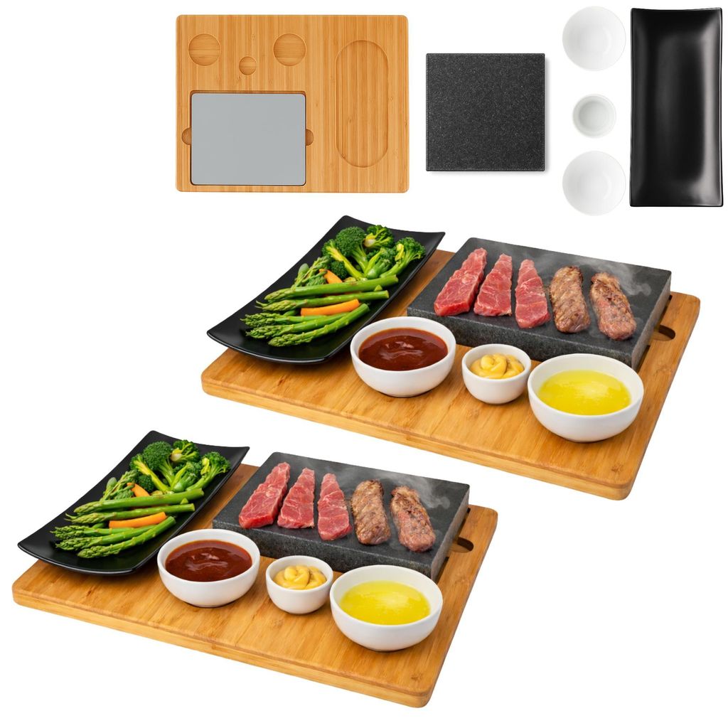 Lavastein Steakbrett 2 Stück , Servierplatte, Bambusbrett mit Hot Stone Grill, Steak Grillplatte, Steinplatte, Tischgrill Grill 2 Set