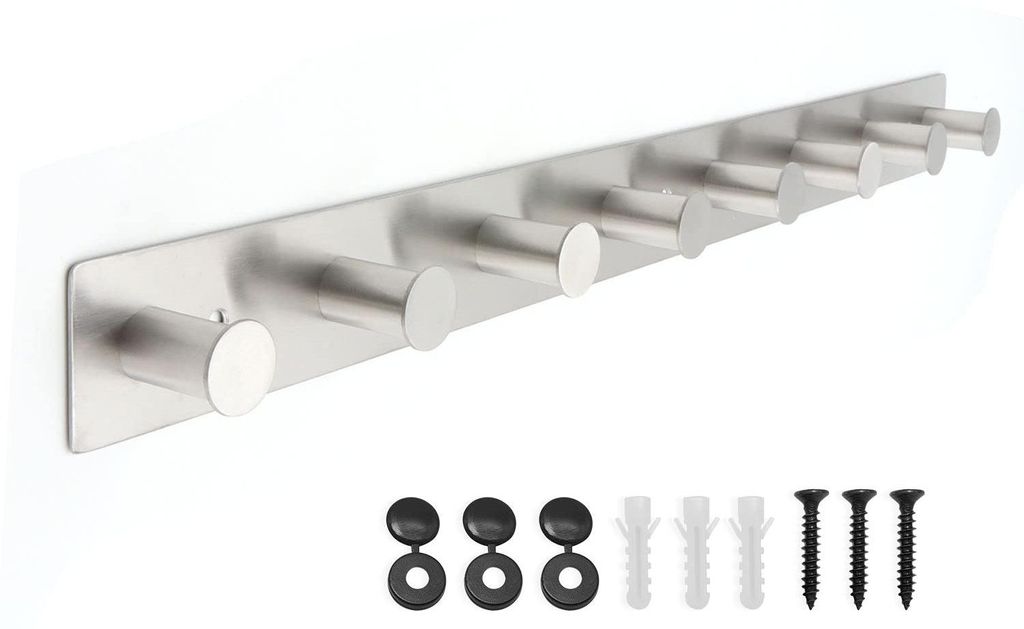 Kleiderstange aus Edelstahl, Wandhaken mit Schrauben, Kleiderstange mit 8 Haken (silber, 8 Haken)