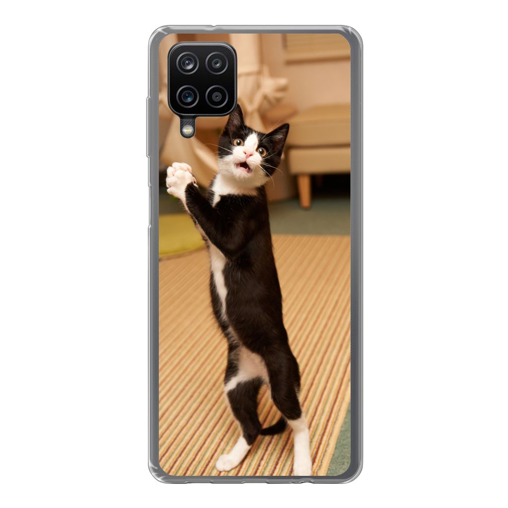 MuchoWow Handyhülle Schutzhülle Hülle für Samsung Galaxy A12 Katze - Wohnzimmer - Schwarz Silikon Softcase Handy Hülle - Bild