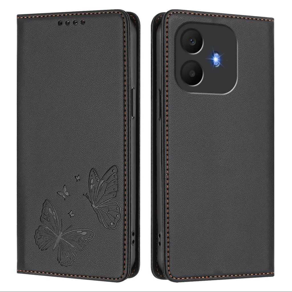 Lederhülle für TCL K70 Power, Schmetterling Prägung Leder Brieftasche Schutzhülle mit Ständer Schwarz