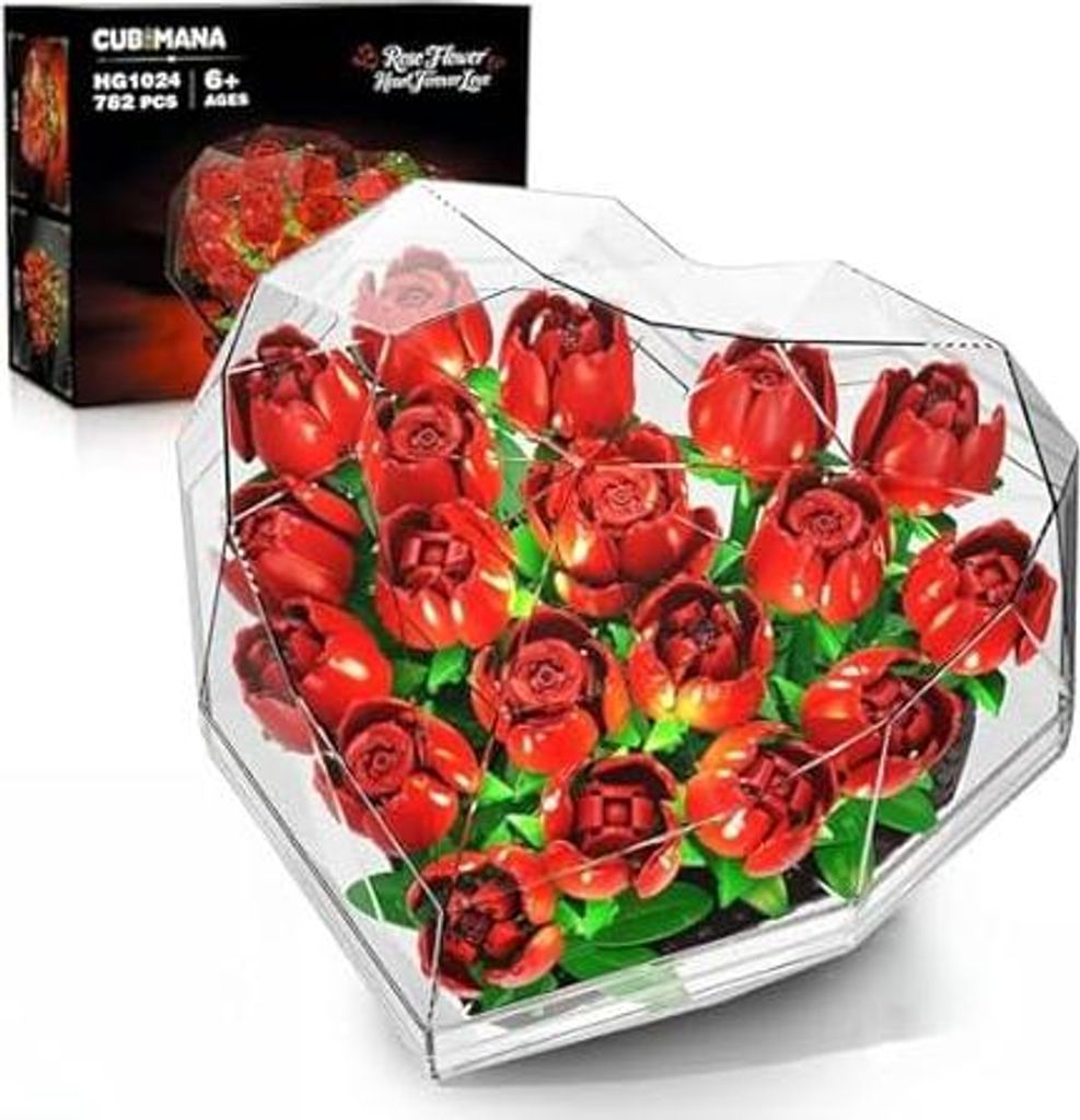 Rosen Blumen Bauset mit Licht, 19 Blumenstrauß Botanische Bausteine mit herzförmiger Abdeckung, Deko Kunstblumen für Zuhause Büro, Geburtstagsg...