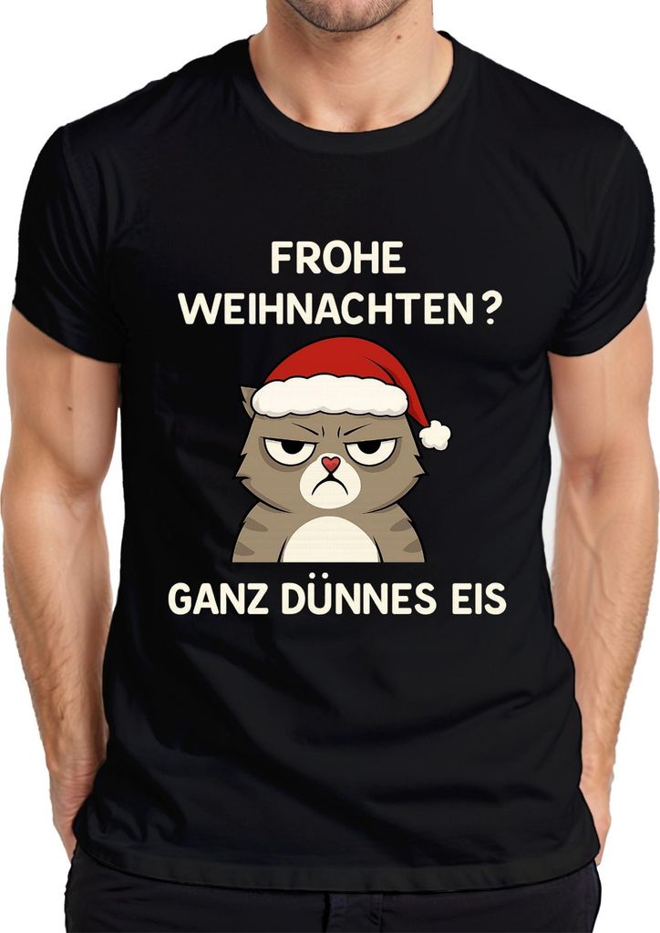 Frohe Weihnachten? Ganz Dünnes Eis Weihnachtskatze sarkastisch Herren T-Shirt, Schwarz, L