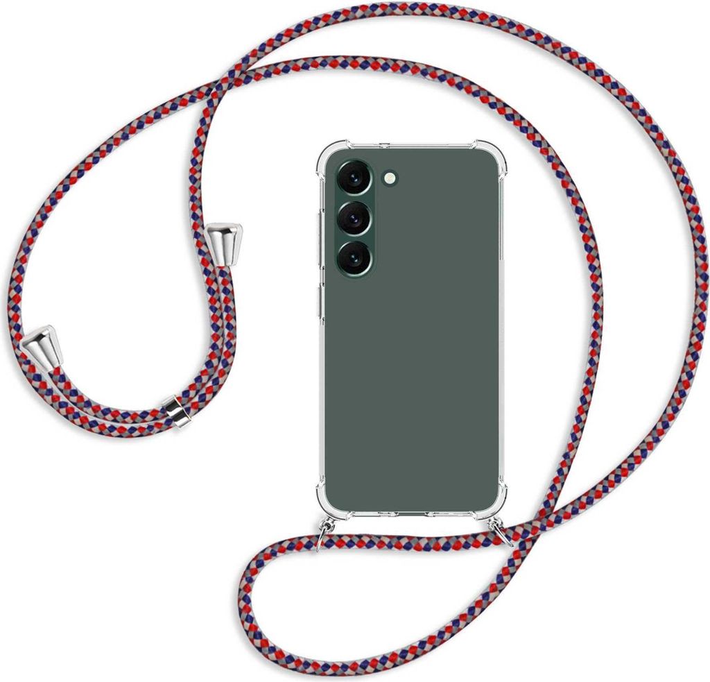 Handykette Backcover-Schutzhülle mit Band (Metall silberfarben) für Samsung Galaxy S23 Plus - silber/blau/rot
