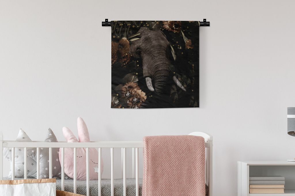 MuchoWow Wandteppich Wandbehang Elefant - Blumen - Licht - Botanisch 60x60 cm Tapisserie Dekoration Wandtuch - Dekorationen - Wand Decke