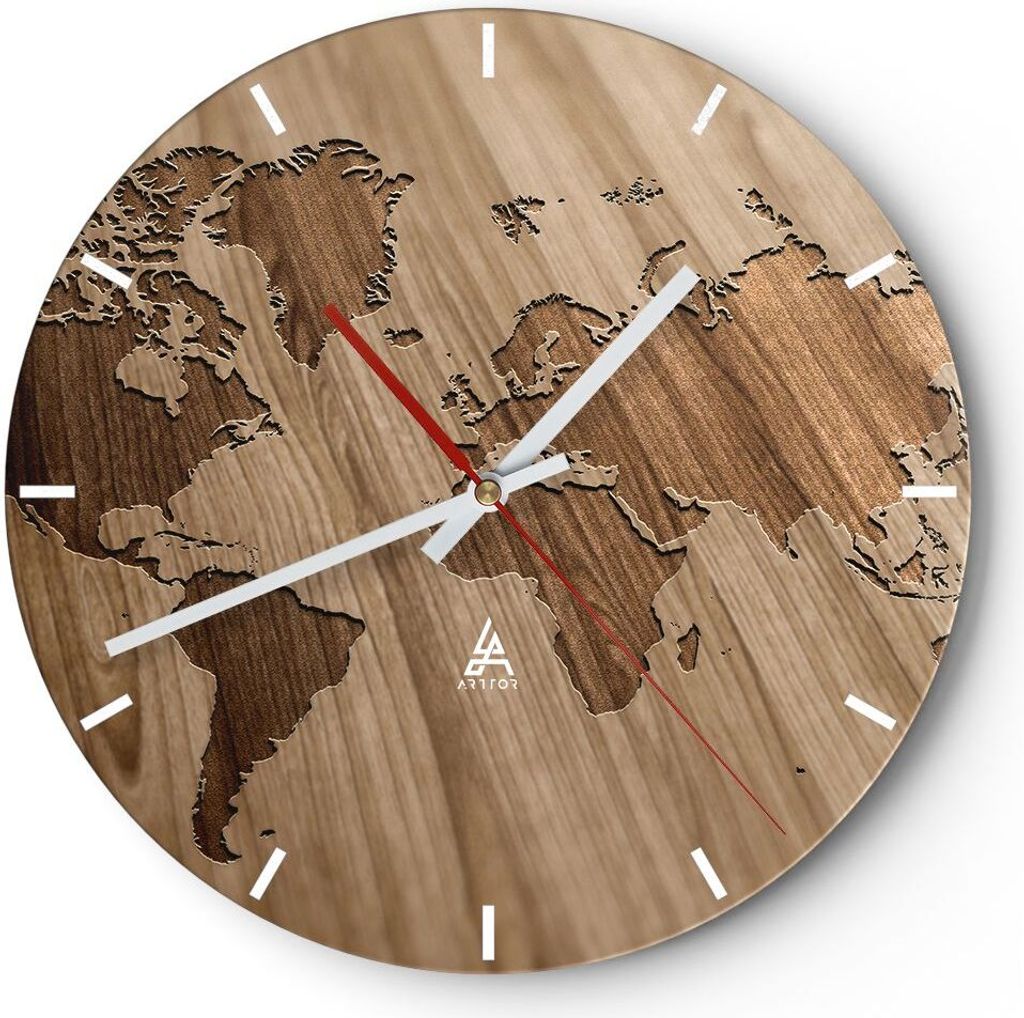 Wanduhr - Rund - Glasuhr - Geographie Globus Karte - 30x30cm - Schleichendes Uhrwerk - Lautlos - zum Aufhängen bereit - Dekoration Modern - Wandde...