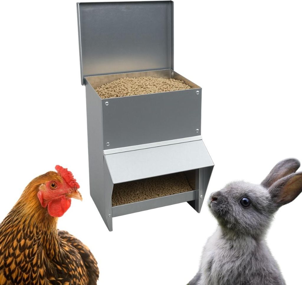 Futterautomat Hühner 8 Kg Futterspender Geflügel Futterautomat Kaninchen Hase Wachtel Zubehör Futtertrog Metall Hühner Futternapf inkl. Deckel ...