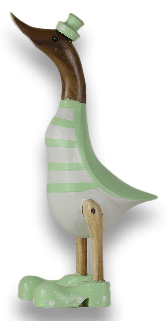 Tokoindah Holz Ente Lauf Ente Gartendeko Figur aus Bambus Wurzel und Teak Holz mit Stiefel und Hut Mint-weiß Gestreift 25cm hoch