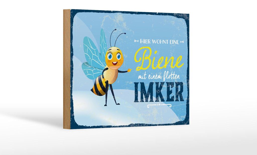 Holzschild Spruch 12x18 cm Hier wohnt eine Biene mit Ihrem Imker blaues Schild