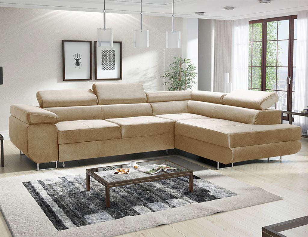 MODERNO Ecksofa mit Schlaffunktion AVESTA, Schlafcouch Wohnlandschaft, Beige, Breite Rechts