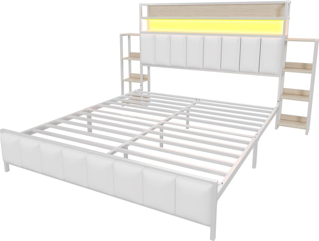 Doppelbett 160x200cm Polsterbett (Ohne Matratze) Weiß Kunstlederbezug Eisenbett Jugendbett Mit Stauraum Einlegeböden Mit LED-Beleuchtung